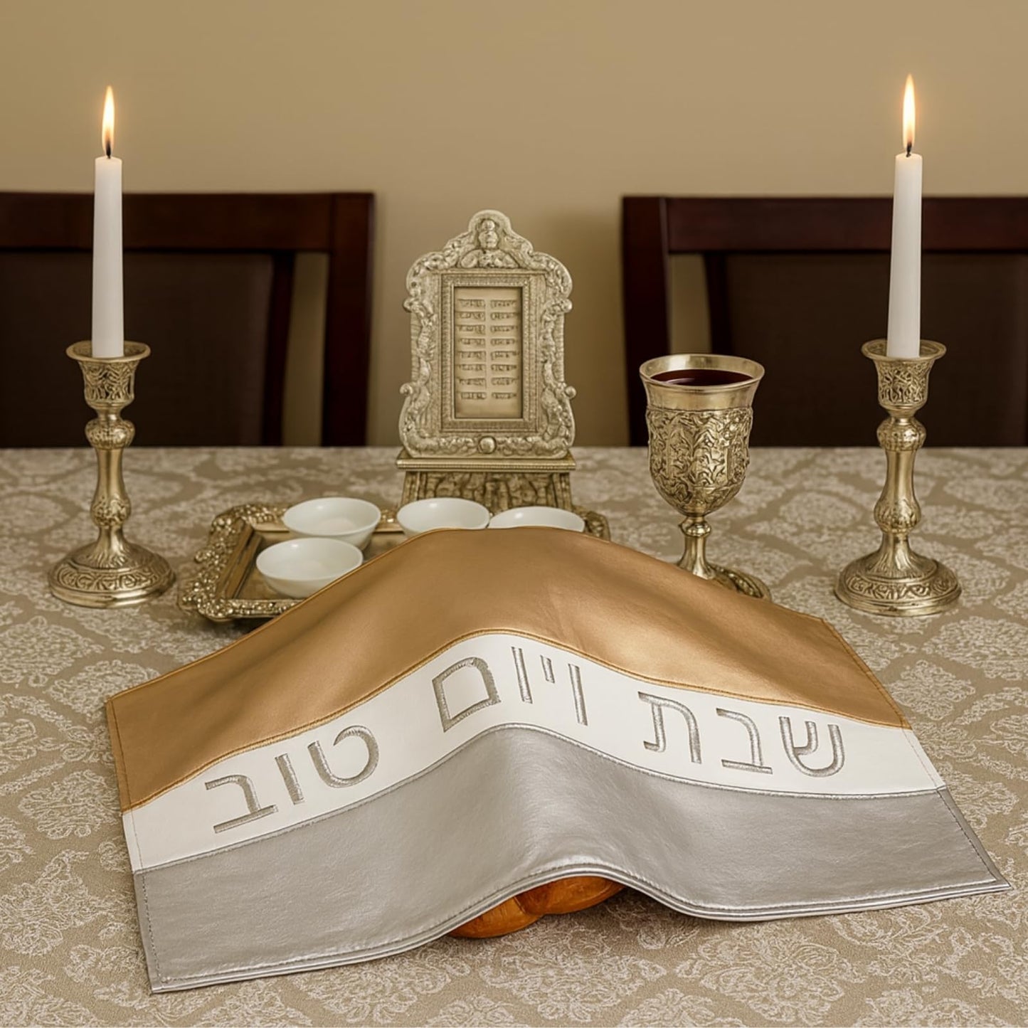 Modern Gold and Silver Challah Cover for Shabbat