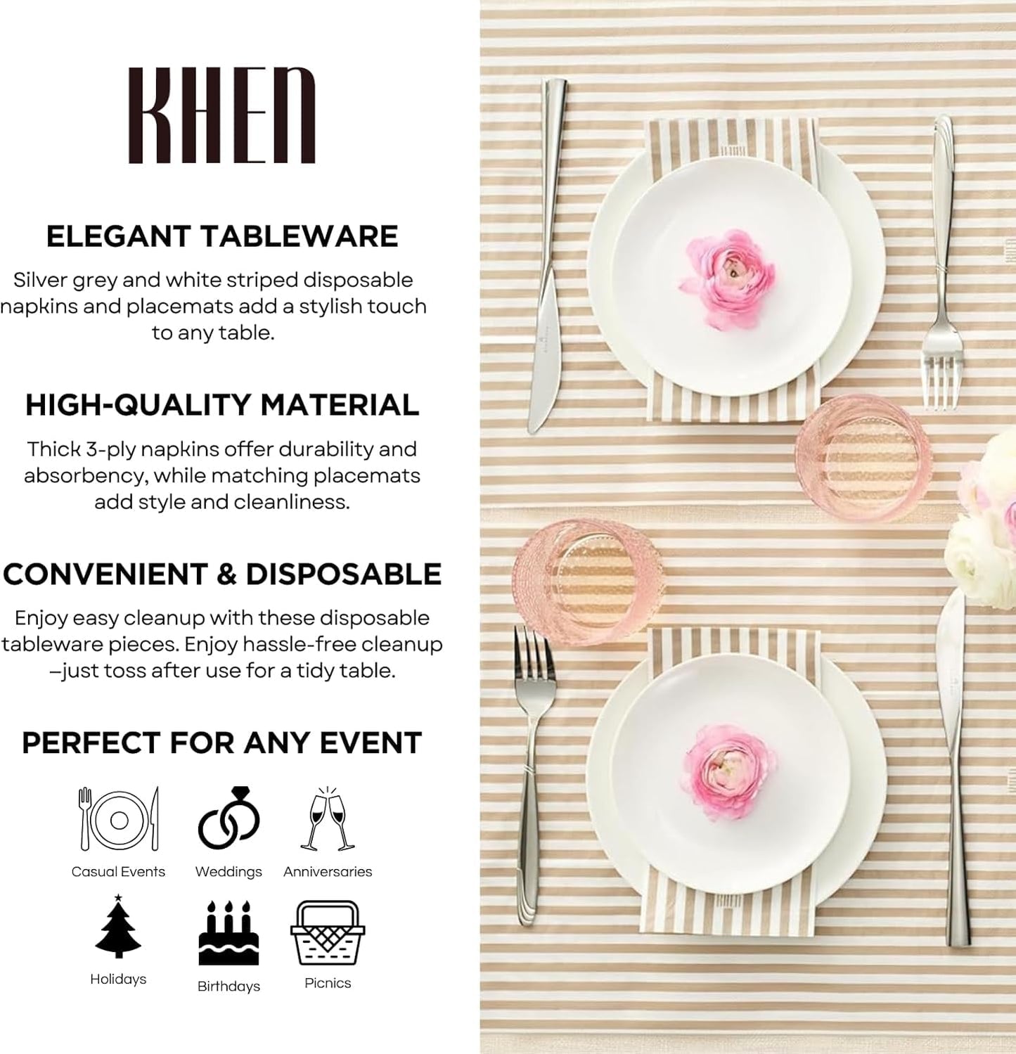 Gray Stripe Disposable Napkins and 50 Pieces