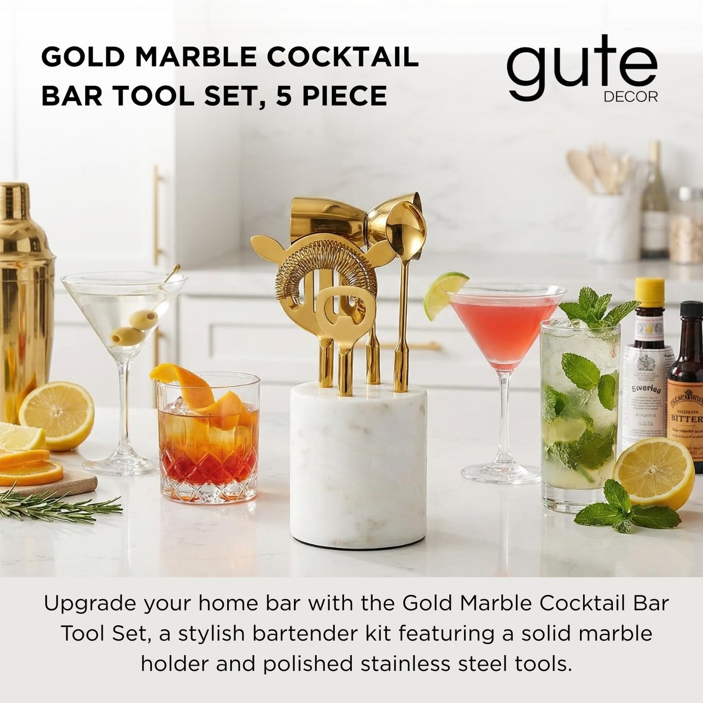 Gold Marble Cocktail Bar Tool Set With the Stand