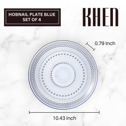 Four Blue Glass Hobnail Dinner or Charger Plates