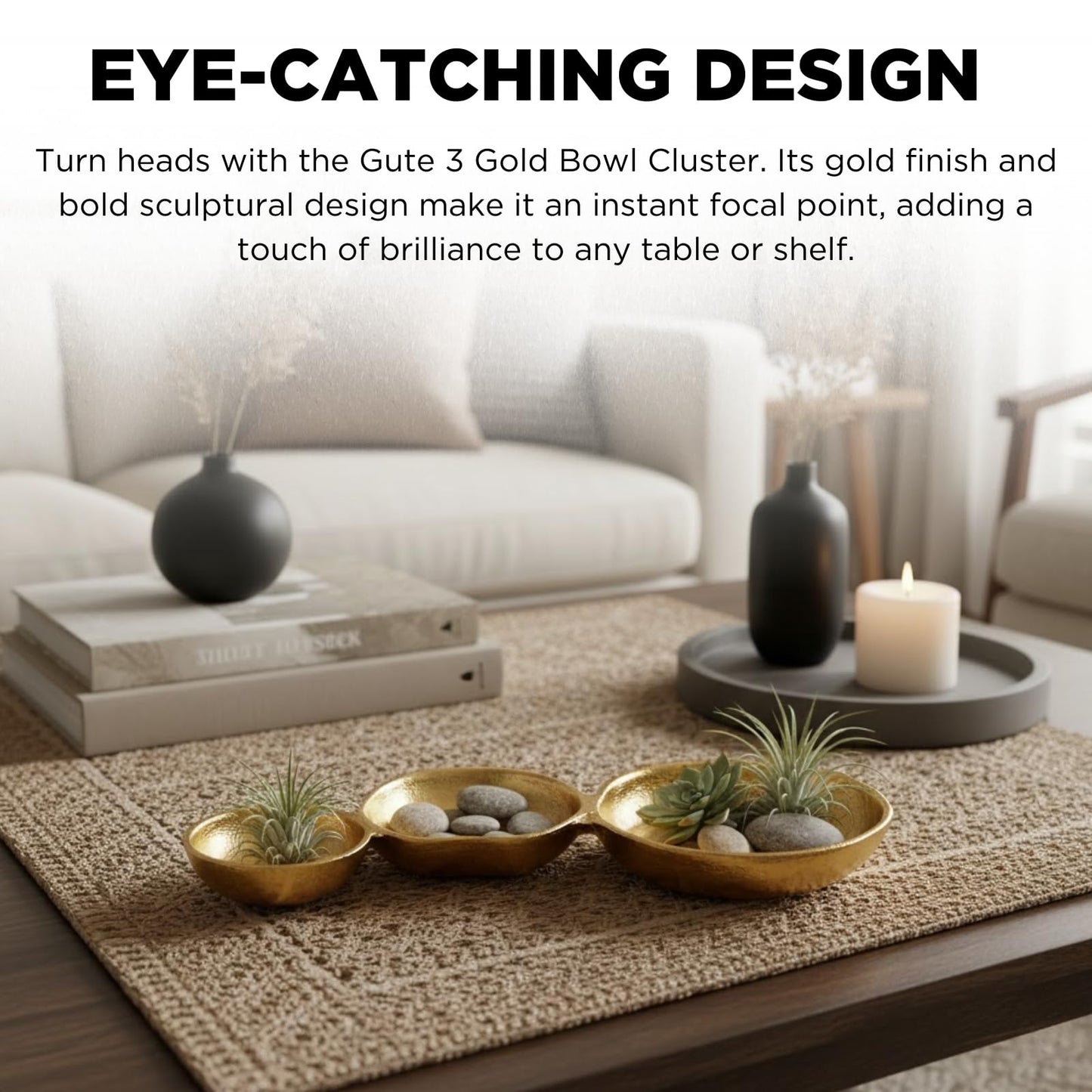 Modern Cluster of Three Gold Decorative Bowls