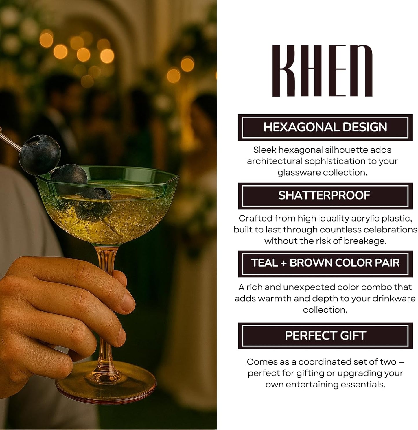 Elegant Hexagonal Teal and Brown Coupe Glasses