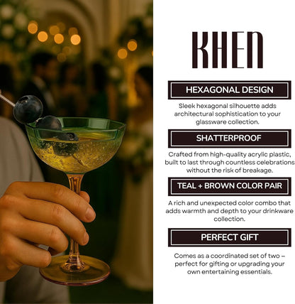 Elegant Hexagonal Teal and Brown Coupe Glasses