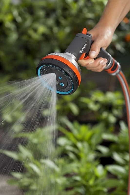Gardena Premium Multi Sprayer garden hose nozzle with five spray patterns, black/orange on Tampa Home & Garden Store