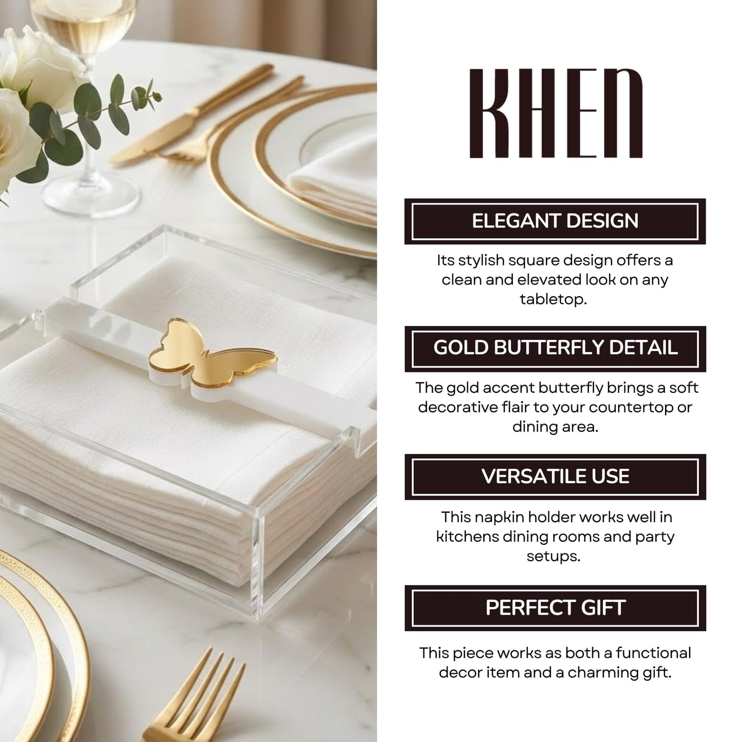 Clear Acrylic Napkin Holder with A Gold Butterfly