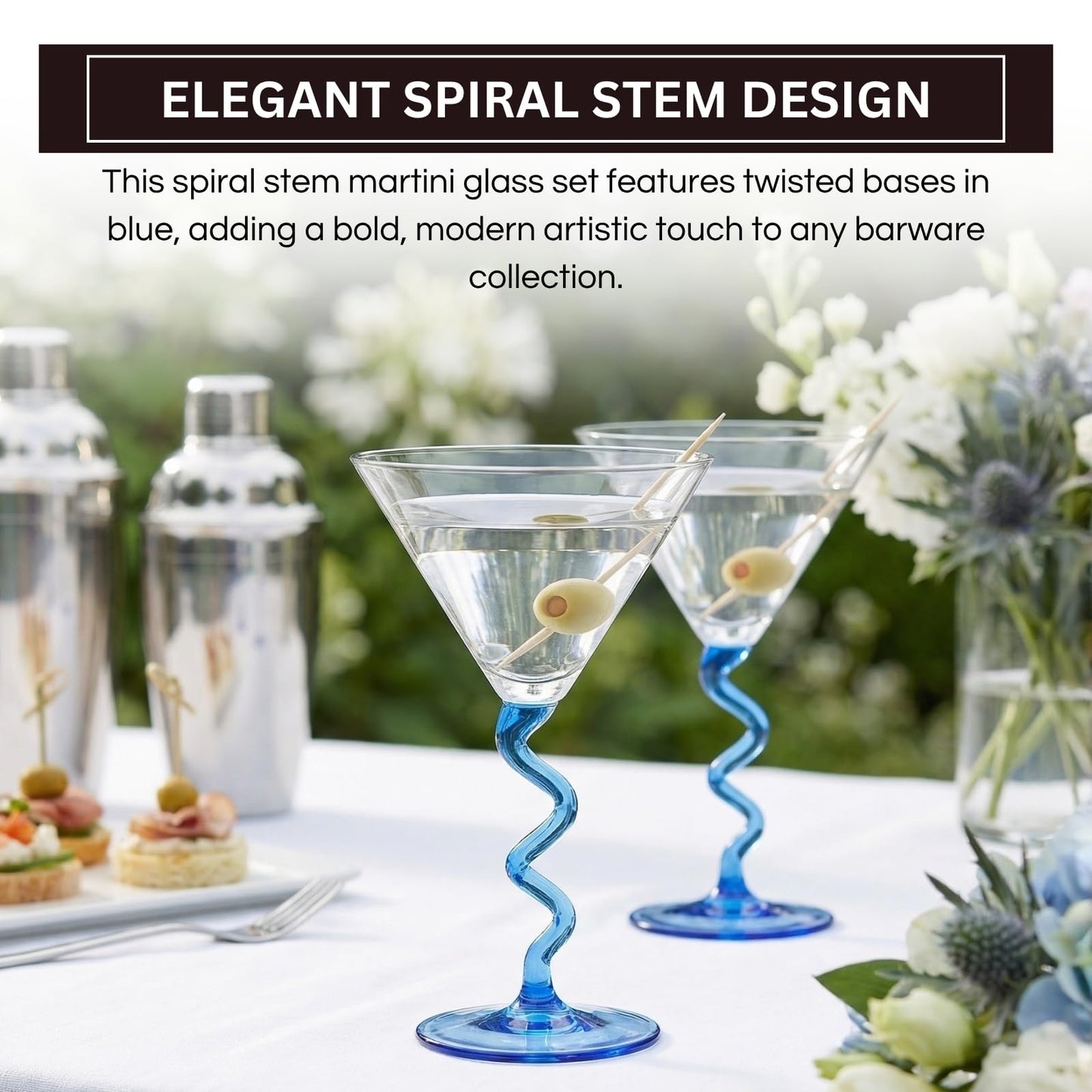 Blue Spiral Stem Martini Glass Set of 2