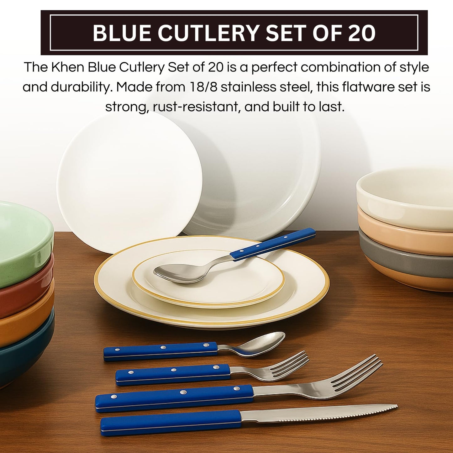 Khen Blue Stainless Steel Flatware Set of 20