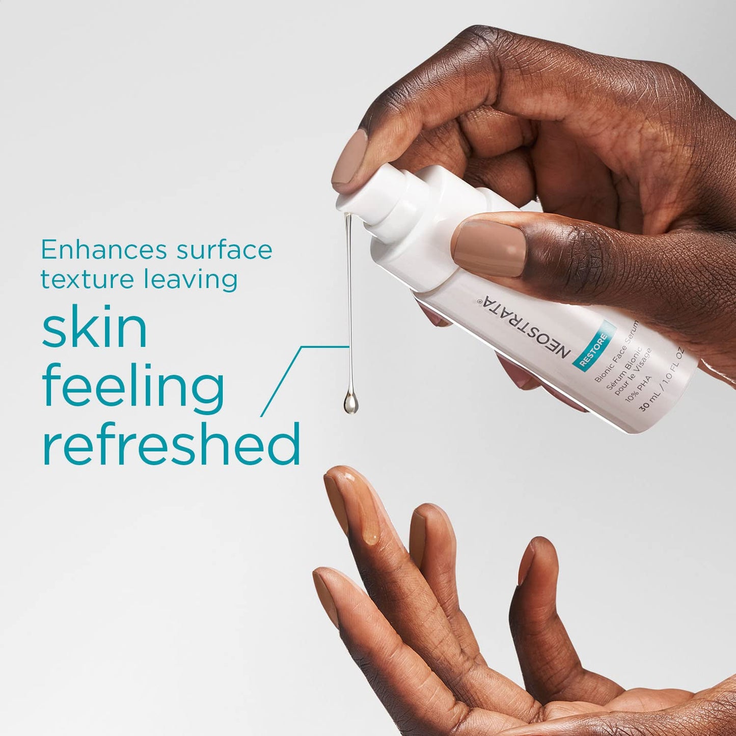 Neostrata Restore Biyonik Face Serum bottle with dropper releasing a clear serum drop on Tampa Home & Garden Store