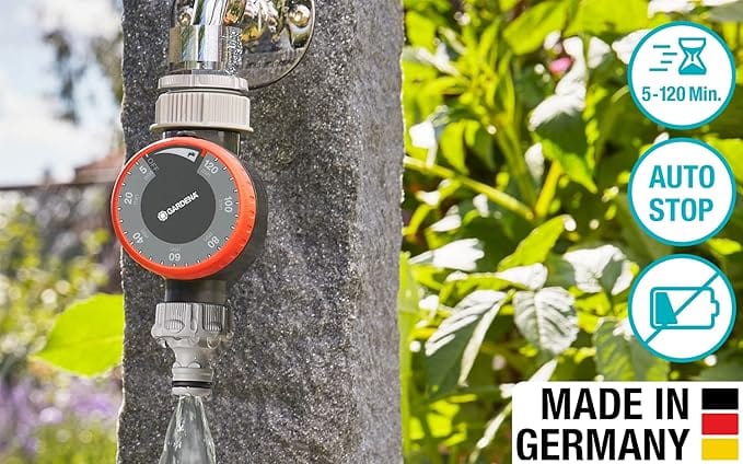 Mechanical water timer with flow control for sprinklers by Gardena, red dial, faucet mount on Tampa Home & Garden Store
