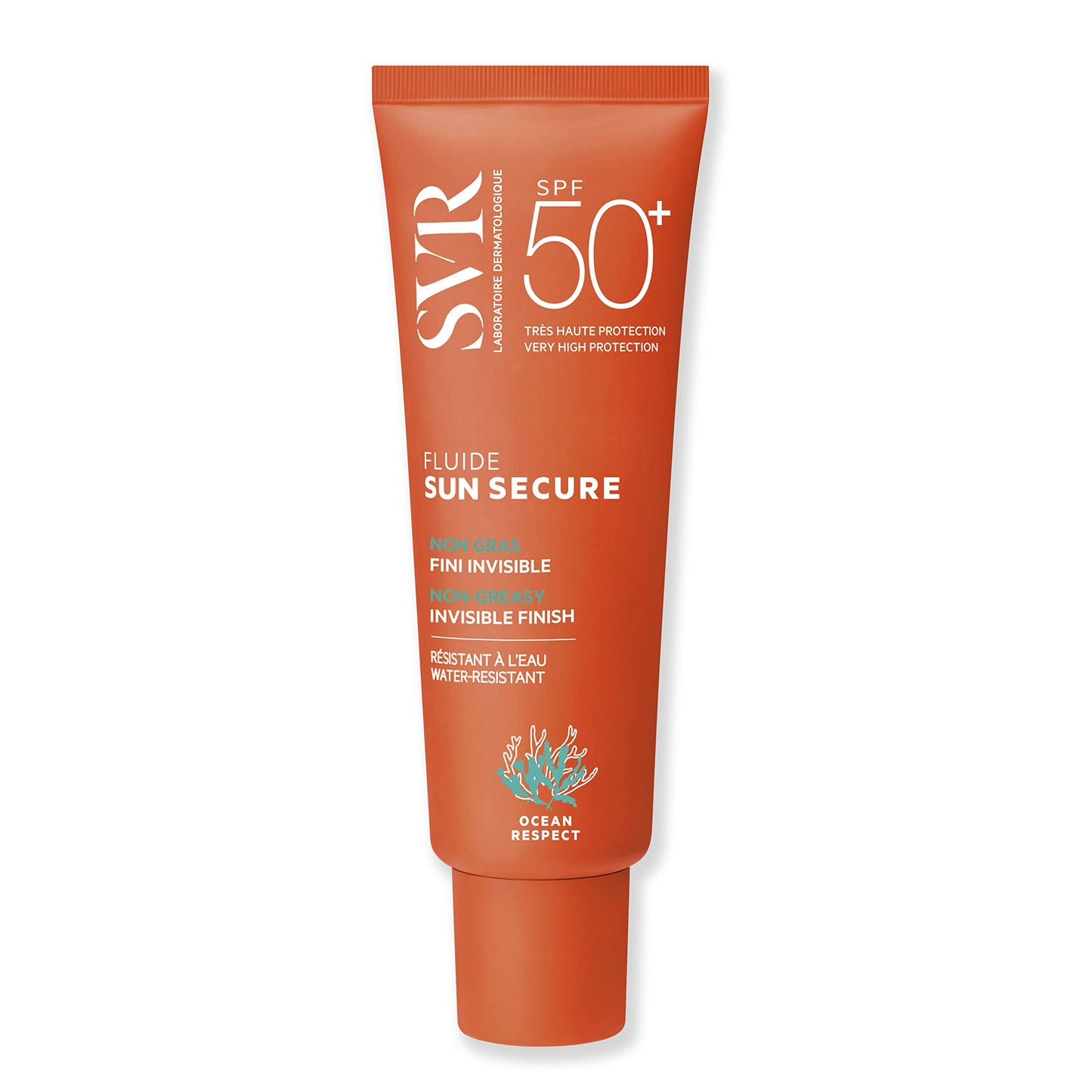 Orange SVR Sun Secure Fluide SPF50+ sunscreen tube, water-resistant, Beauty Care Bag on Tampa Home & Garden Store