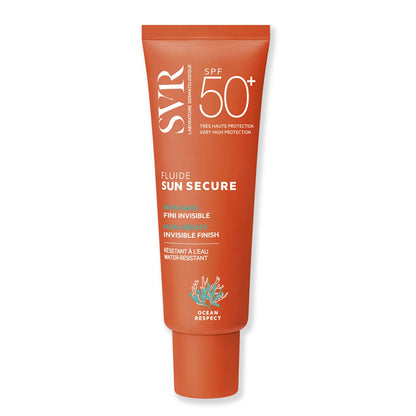 Orange SVR Sun Secure Fluide SPF50+ sunscreen tube, water-resistant, Beauty Care Bag on Tampa Home & Garden Store