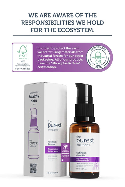 The Purest Solutions Retinol Serum kit: bottle with pump beside white box, purple branding on Tampa Home & Garden Store