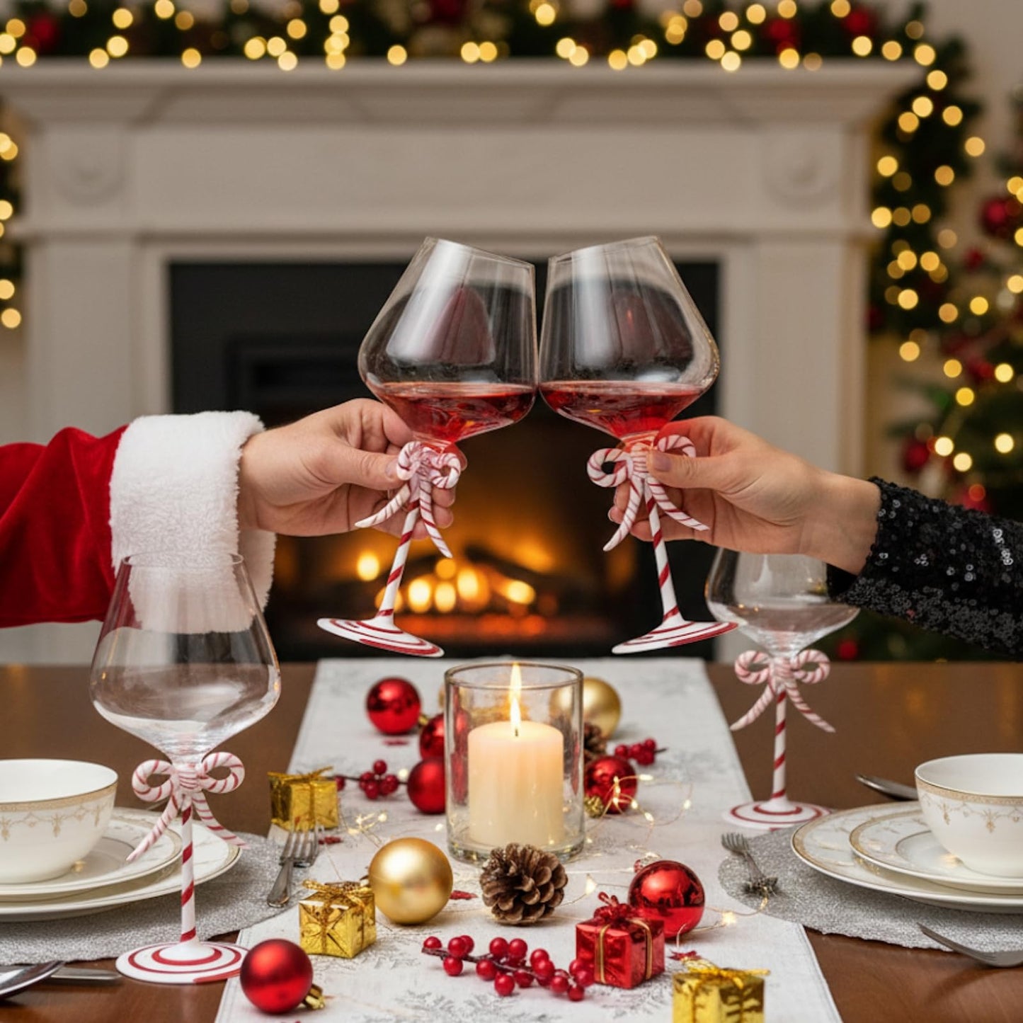 Christmas Candy Cane Stem Wine Glasses A Pair