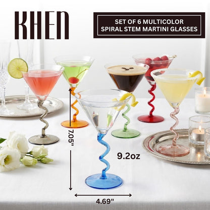 Spiral Stem Martini Glasses Set of 6 Multicolor