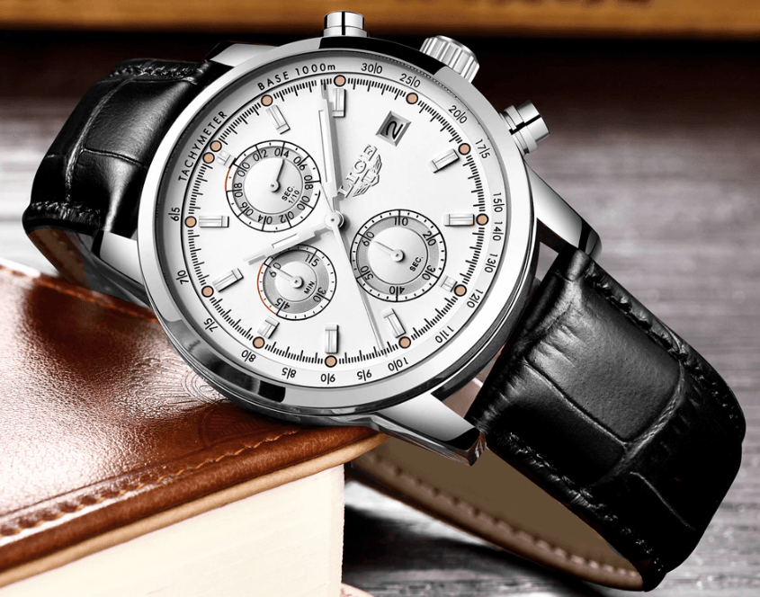 Stevvex men's waterproof chronograph watch with date display and black leather strap on Tampa Home & Garden Store