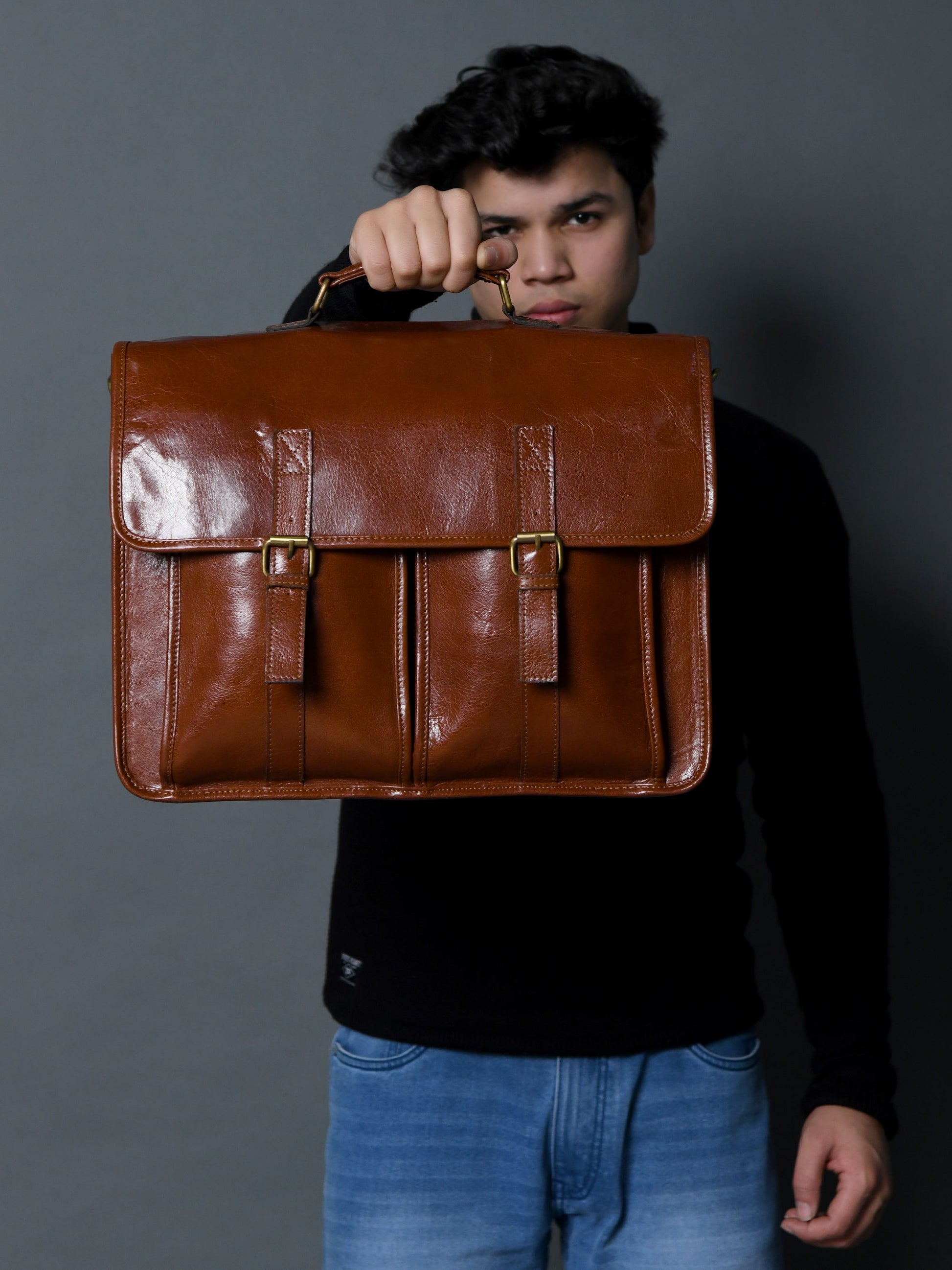 The Architect Brown Executive briefcase in brown leather with brass buckle hardware on Tampa Home & Garden Store