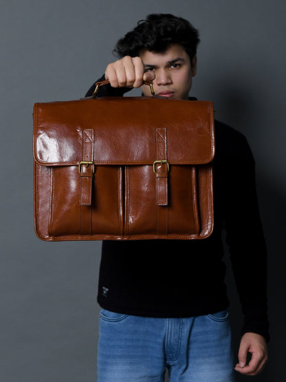 The Architect Brown Executive briefcase in brown leather with brass buckle hardware on Tampa Home & Garden Store