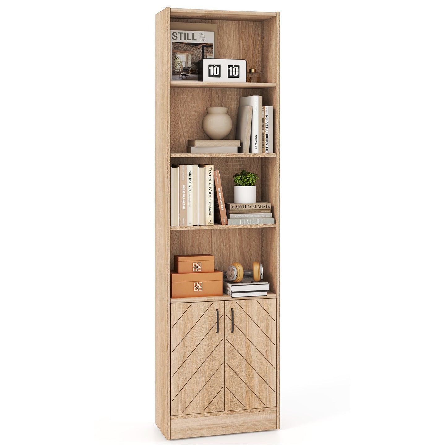 Estantería Alta de 6 Niveles y 71 Pulgadas con Doble Puerta y 4 Cubos Abiertos - Roble