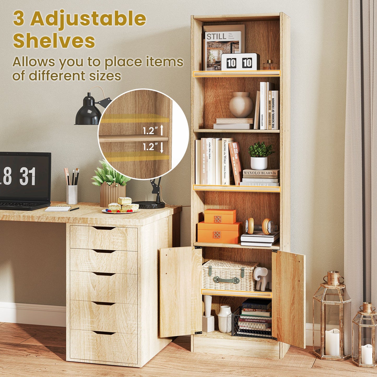 Estantería Alta de 6 Niveles y 71 Pulgadas con Doble Puerta y 4 Cubos Abiertos - Roble