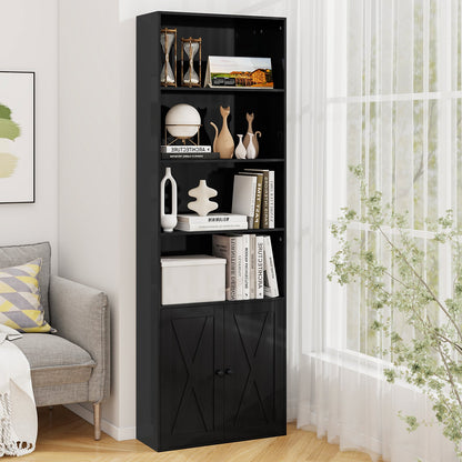 71 Inch Freestanding Bookshelf with 6 Shelves and 2-Door Cabinet-Black