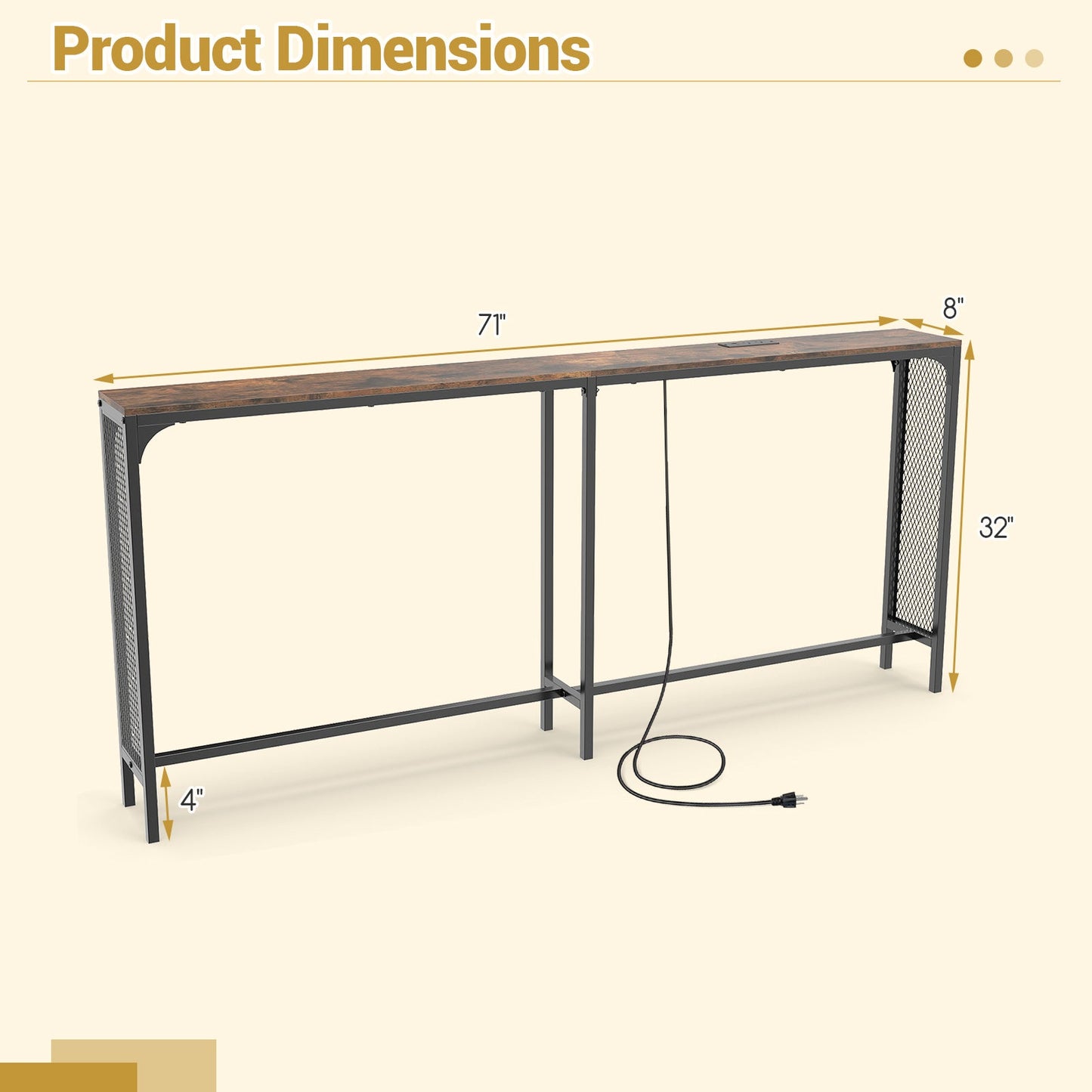 71 Inch Narrow Console Table with Power Outlet for Small Space