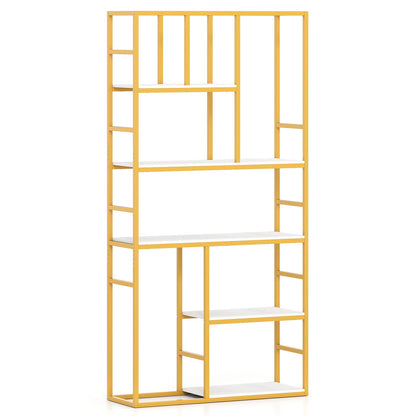 71 Inch Tall Bookshelf Metal Frame 5-Tier Geometric Bookcase-White & Golden