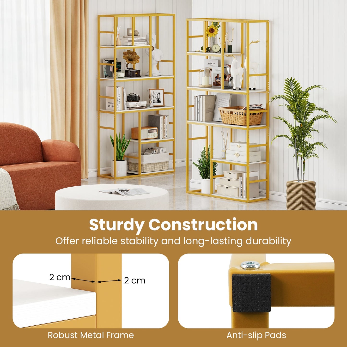 71 Inch Tall Bookshelf Metal Frame 5-Tier Geometric Bookcase-White & Golden