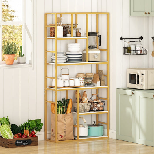 71 Inch Tall Bookshelf Metal Frame 5-Tier Geometric Bookcase-White & Golden - Tampa Home & Garden Store