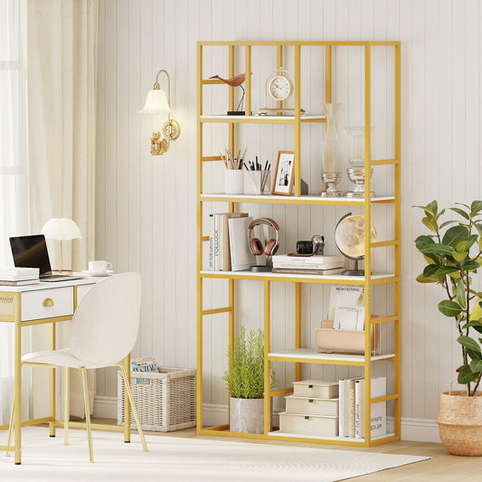 71 Inch Tall Bookshelf Metal Frame 5-Tier Geometric Bookcase-White & Golden - Tampa Home & Garden Store