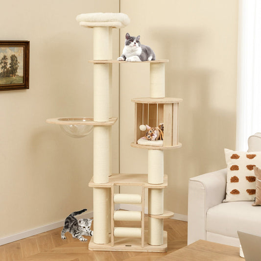 71 Inch Tall Cat Tree Wooden Cat Tower with Cozy Perch Condo Space Capsule-Natural - Tampa Home & Garden Store