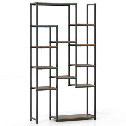71 Inch Tall Vintage Geometric Bookshelf 12 Open Shelves-Walnut