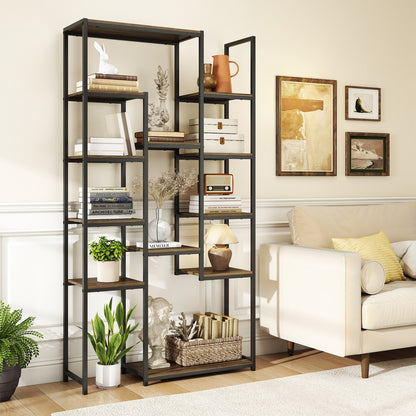 71 Inch Tall Vintage Geometric Bookshelf 12 Open Shelves-Walnut