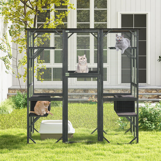 71 Inches Tall Outdoor Wooden Cat House with Weatherproof Asphalt Roof-Gray - Tampa Home & Garden Store