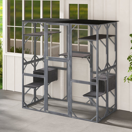71 Inches Tall Outdoor Wooden Cat House with Weatherproof Asphalt Roof-Gray - Tampa Home & Garden Store