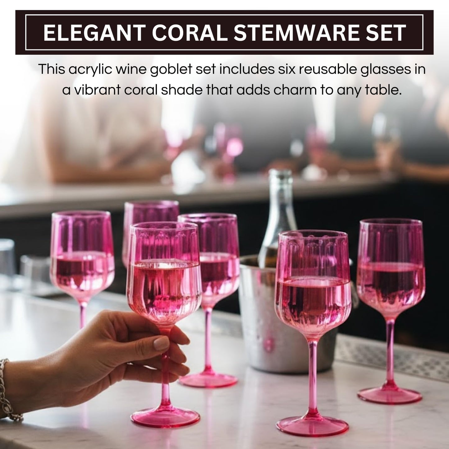 Set of Six Coral Acrylic Stemmed Wine Goblets