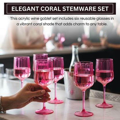 Set of Six Coral Acrylic Stemmed Wine Goblets