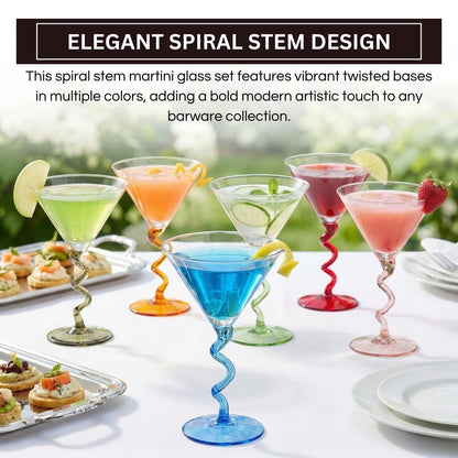 Spiral Stem Martini Glasses Set of 6 Multicolor