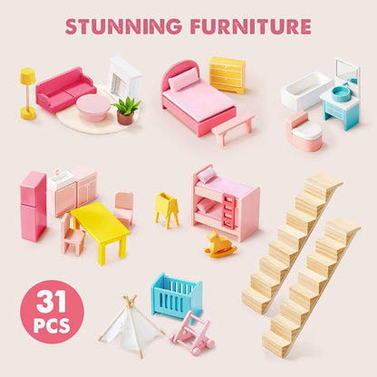 Dollhouse set Sweetwood with 31 pastel pink wooden pieces including bed, sofa and dresser on Tampa Home & Garden Store