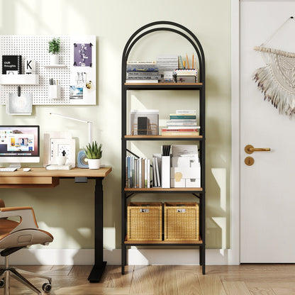 4-Tier Arched Bookcase with Metal Frame by DirectDeals, black frame, wood shelves, 2 baskets on Tampa Home & Garden Store