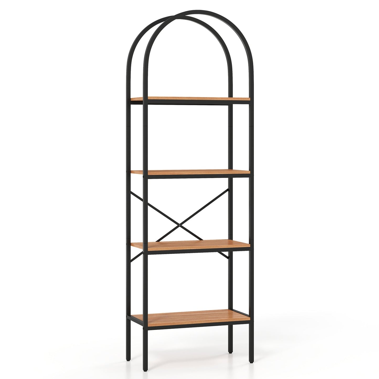 Bookcase, 4-tier arched black metal frame with natural wood shelves, 71in tall, DirectDeals on Tampa Home & Garden Store