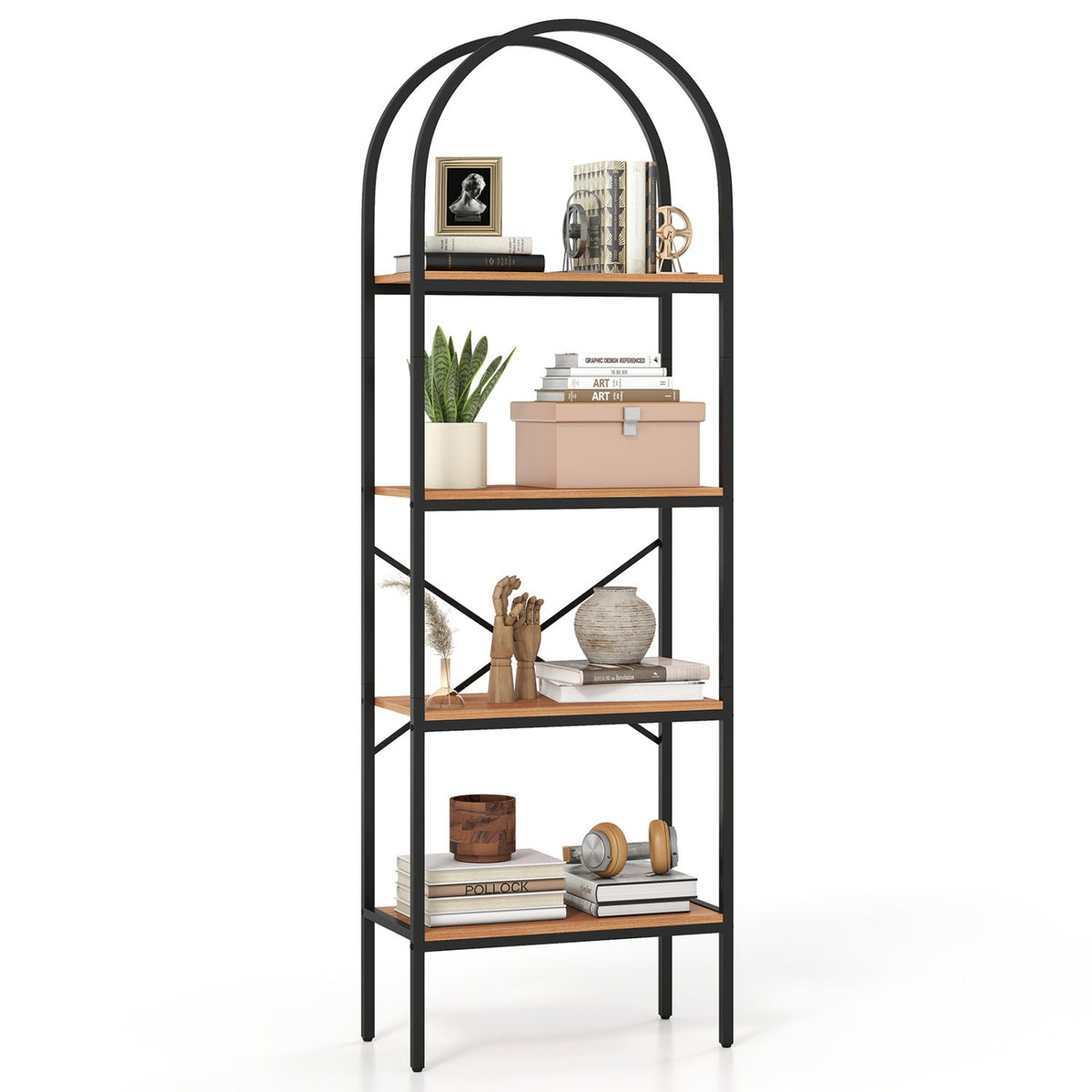 4-Tier Arched Bookcase with Metal Frame black steel and natural wood shelves DirectDeals on Tampa Home & Garden Store