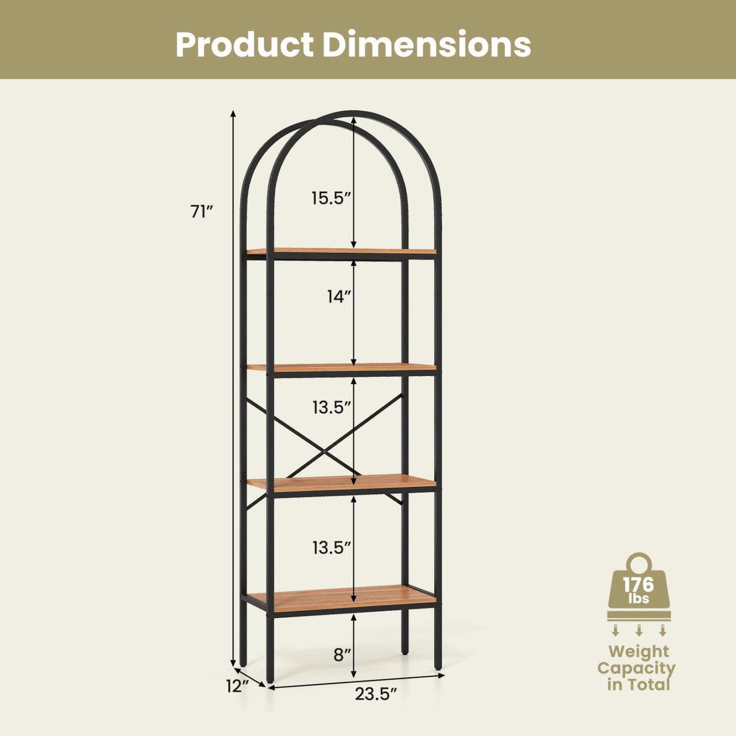 4-Tier Arched Bookcase with metal frame by DirectDeals, natural wood shelves 71 in tall on Tampa Home & Garden Store