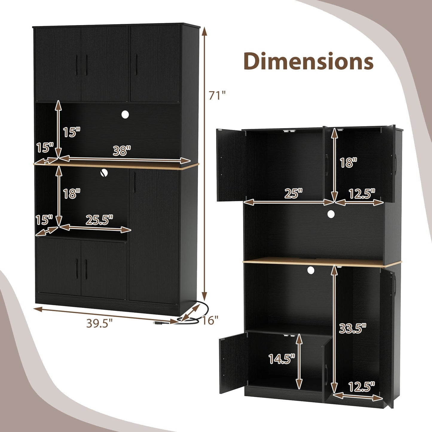 71" Tall Kitchen Pantry Cabinet with Charging Station Wooden Buffet Cupboard Sideboard
