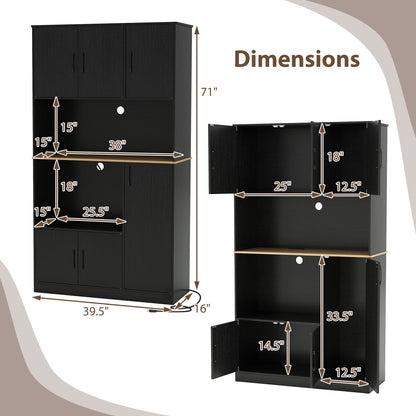 71" Tall Kitchen Pantry Cabinet with Charging Station Wooden Buffet Cupboard Sideboard