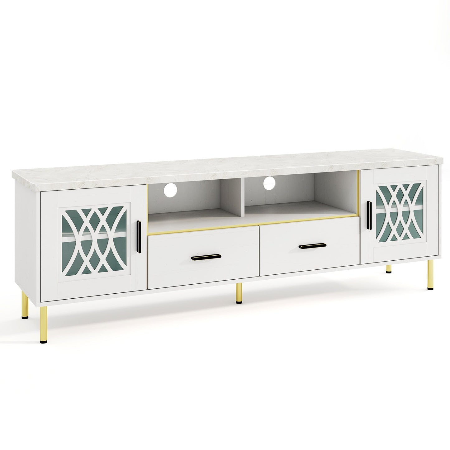 Mueble de TV de 71 pulgadas con puertas de cristal para televisores de 80 pulgadas-Blanco
