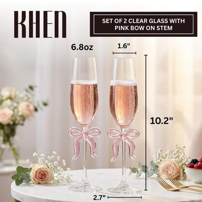 Two Clear Champagne Glasses and a Pink Bow Set