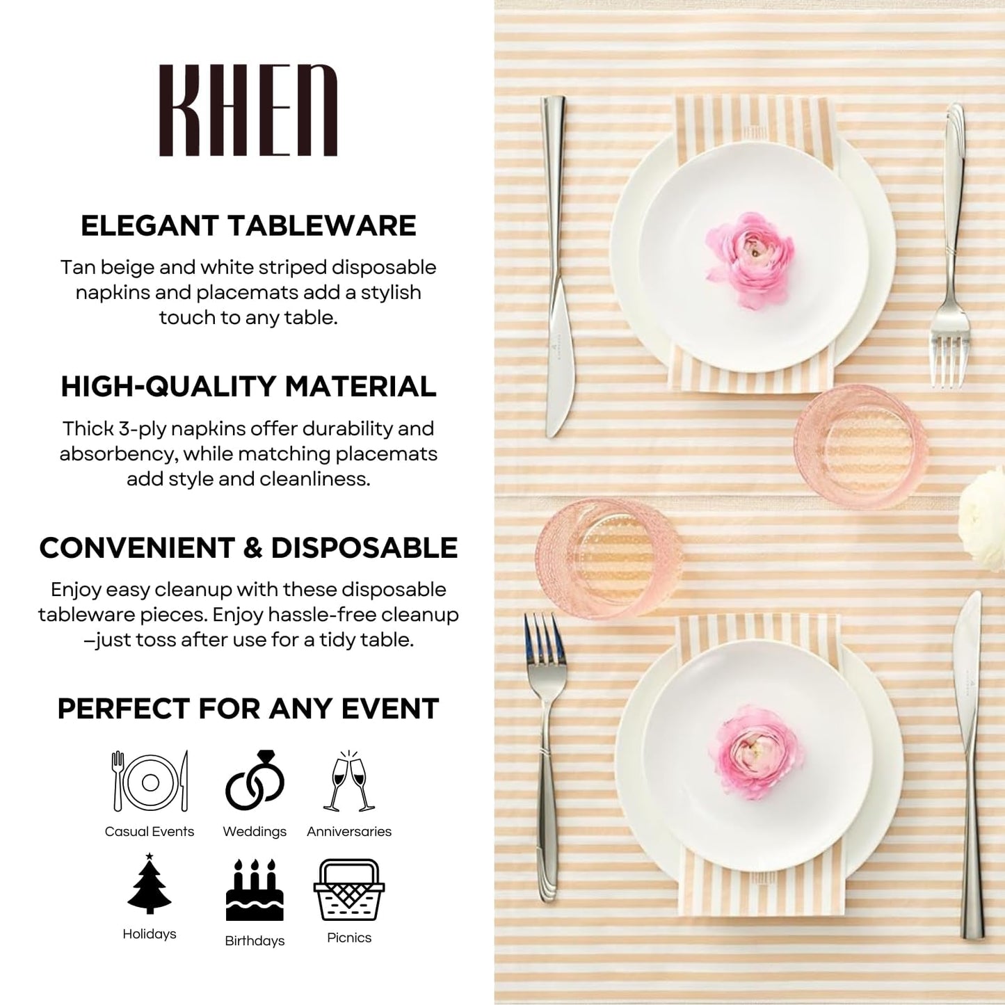 Beige and White Striped Disposable Napkins Set