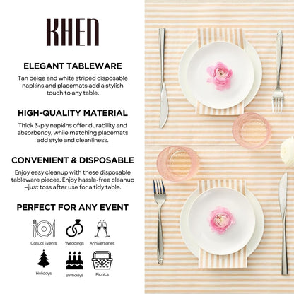 Beige and White Striped Disposable Napkins Set
