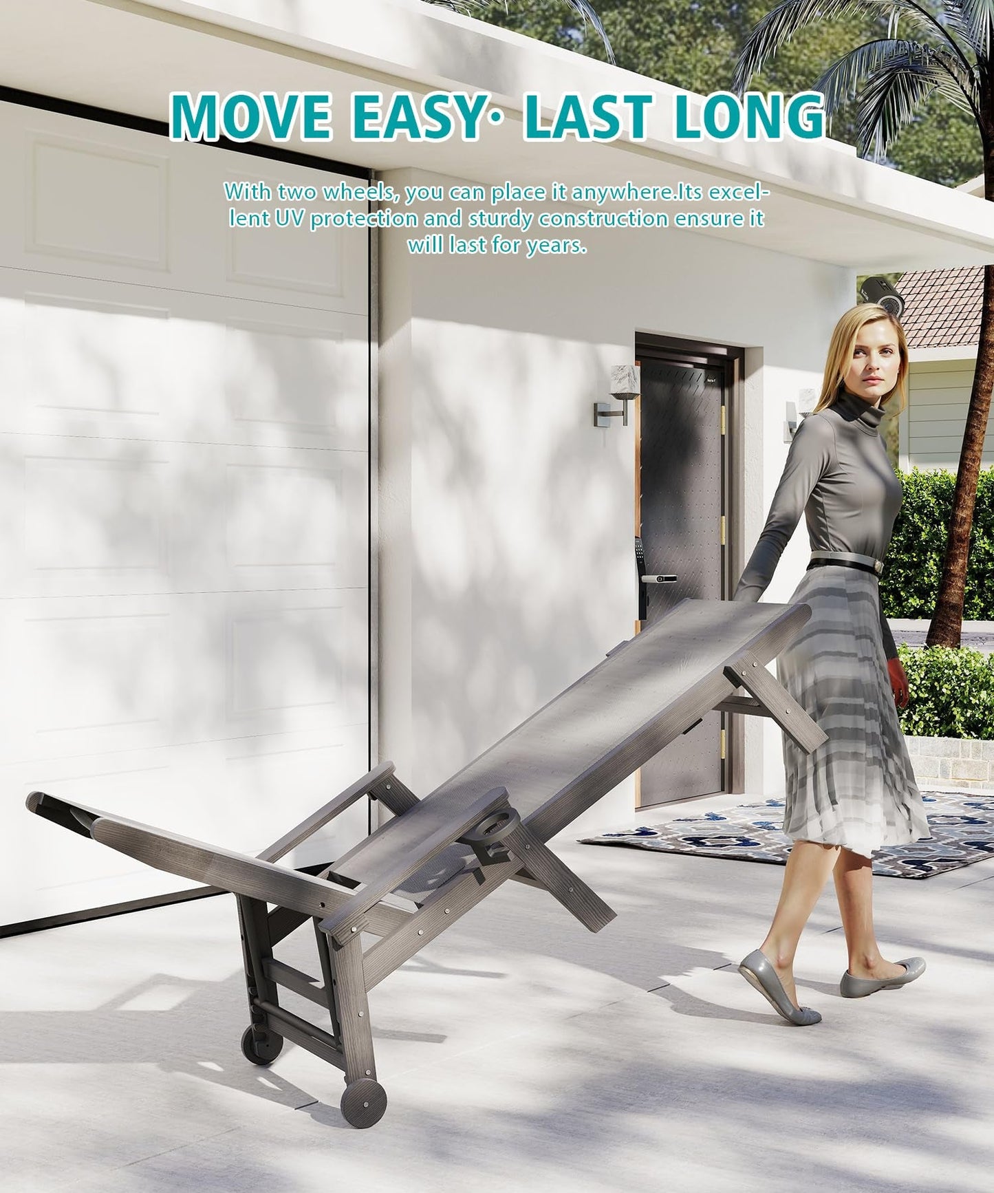 Outdoor HDPE Reclining Chaise Lounge with Wheels
