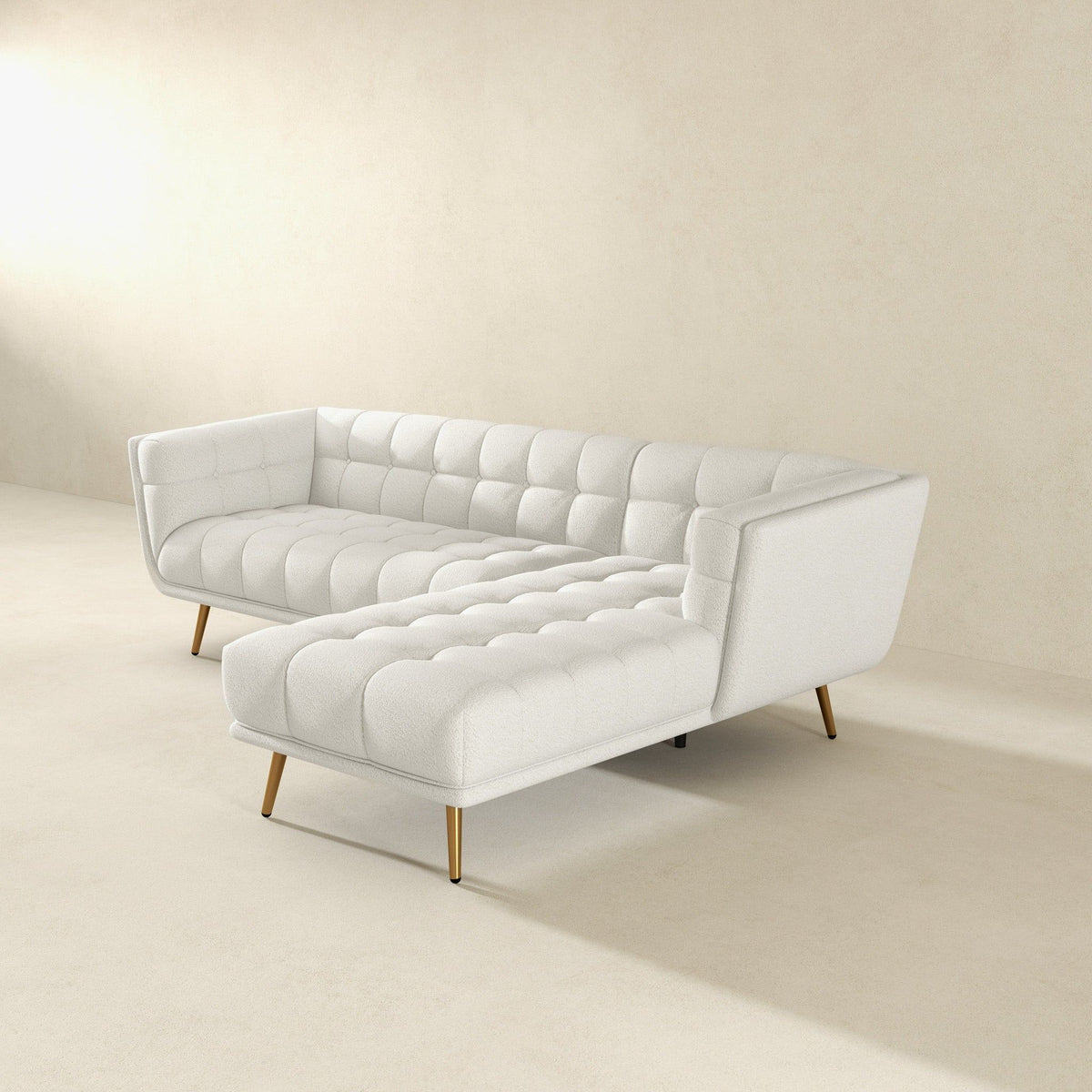 L-shaped tufted sectional sofa in beige upholstery with mid-century legs HouseOfZazla on Tampa Home & Garden Store